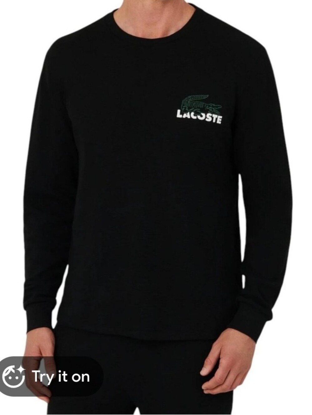 Lacoste Men’s Black Long-Sleeve Waffle Crewneck Lounge Sleep Shirt Numerous